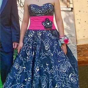Night Moves Prom Collection Strapless Black and Hot Pink Floral Ball Gown